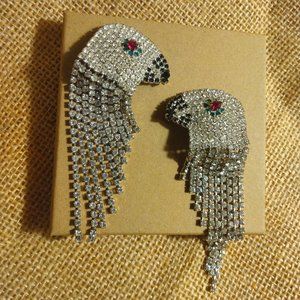 VINTAGE B&W Parrot Dangle Earrings with Rhinestones Gems